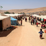 **

A bustling refugee camp in Jordan, with tents stretching into the distance under a bright Middle Eastern sun. Focus on children playing and women preparing food, showcasing resilience and community amid hardship. In the background, show a Jordanian flag waving alongside a UN flag, symbolizing collaboration. Capture a sense of hope and determination.

**