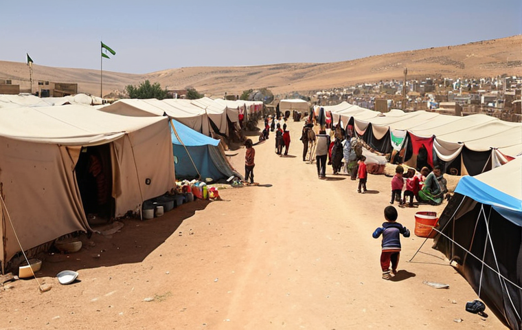 **

A bustling refugee camp in Jordan, with tents stretching into the distance under a bright Middle Eastern sun. Focus on children playing and women preparing food, showcasing resilience and community amid hardship. In the background, show a Jordanian flag waving alongside a UN flag, symbolizing collaboration. Capture a sense of hope and determination.

**