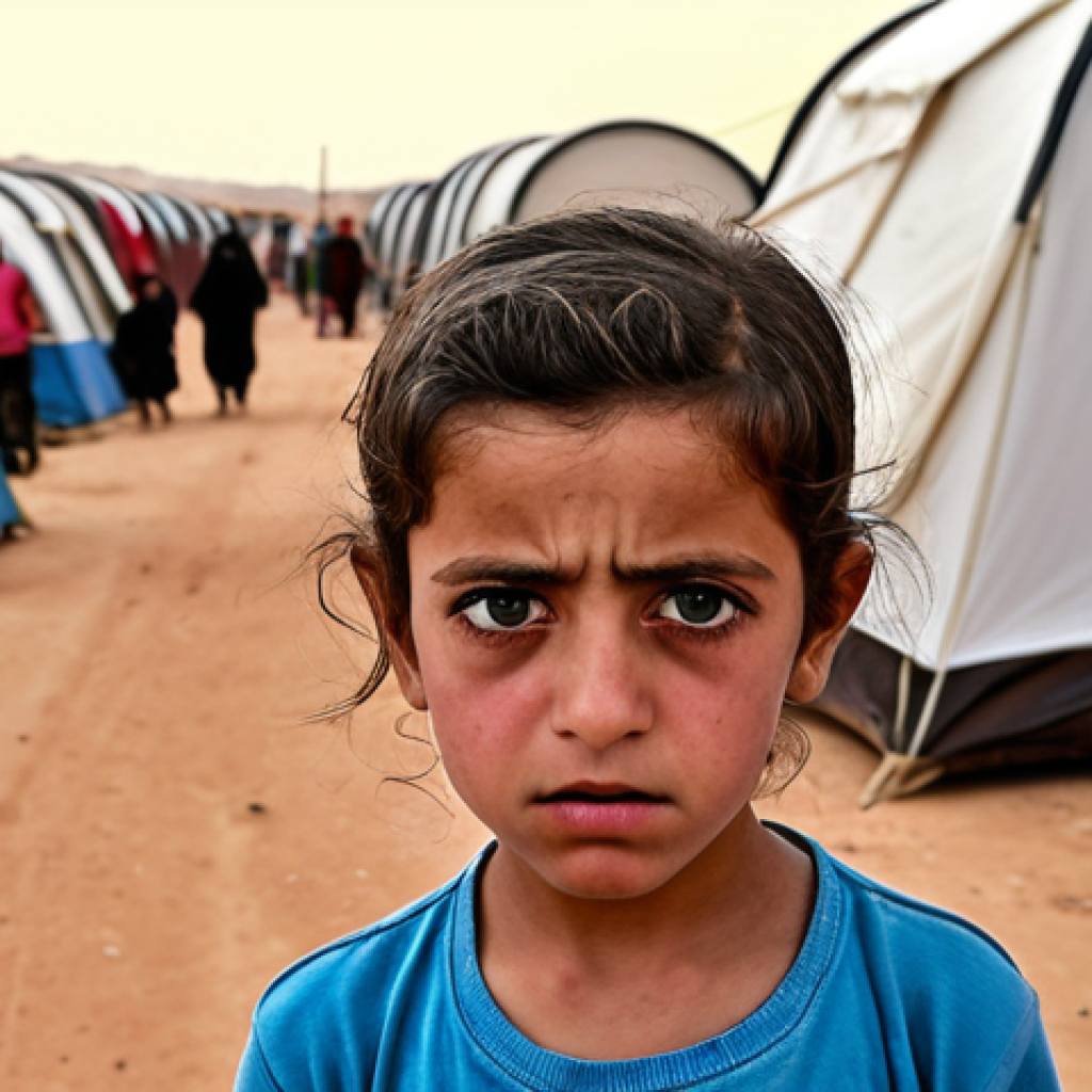 **A poignant photograph capturing the weariness in the eyes of a Syrian refugee child amidst the vast Zaatari refugee camp in Jordan. The scene should convey both resilience and displacement, highlighting the child's hope for a better future against the backdrop of tents and humanitarian aid.**