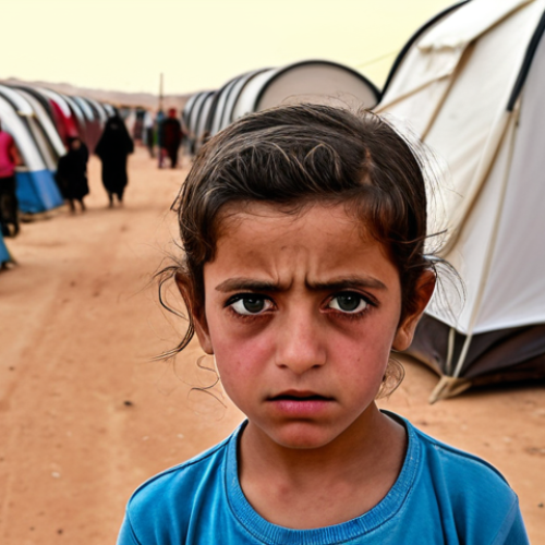 Home 6 **A poignant photograph capturing the weariness in the eyes of a Syrian refugee child amidst the vast Zaatari refugee camp in Jordan. The scene should convey both resilience and displacement, highlighting the child's hope for a better future against the backdrop of tents and humanitarian aid.**