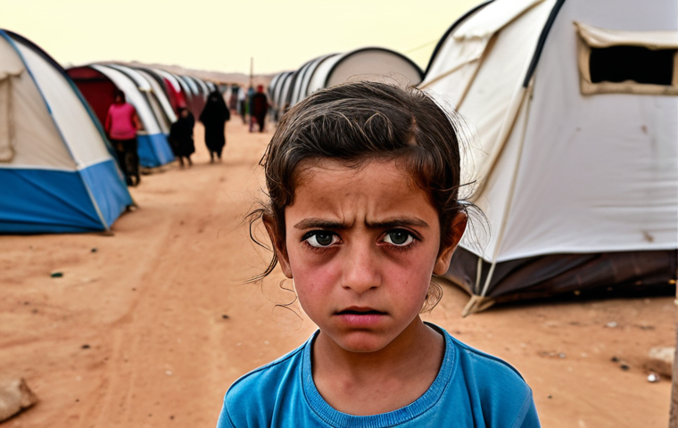 **A poignant photograph capturing the weariness in the eyes of a Syrian refugee child amidst the vast Zaatari refugee camp in Jordan. The scene should convey both resilience and displacement, highlighting the child's hope for a better future against the backdrop of tents and humanitarian aid.**