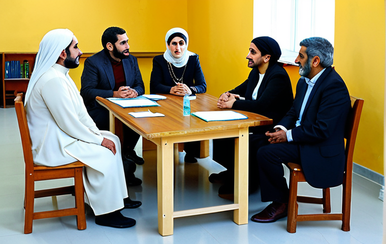 Intercultural Dialogue**

"A diverse group of people from various ethnic backgrounds, including Arabs, Kurds, Armenians, and Circassians, are sitting around a table, engaging in a respectful and open discussion, fully clothed in modest attire, in a brightly lit community center, depicting reconciliation and understanding, safe for work, appropriate content, professional, perfect anatomy, natural proportions, well-formed hands."

**