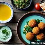 시리아에서 가장 인기 있는 요리 - A beautifully arranged Syrian mezze platter on a rustic wooden table, featuring creamy hummus garnis...
