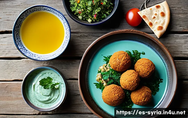 시리아에서 가장 인기 있는 요리 - A beautifully arranged Syrian mezze platter on a rustic wooden table, featuring creamy hummus garnis...