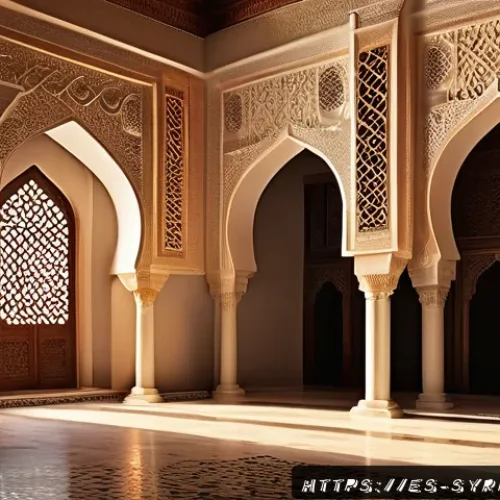 시리아 이슬람 건축물 - A detailed interior scene of a traditional Syrian mosque featuring intricately carved arabesques and...