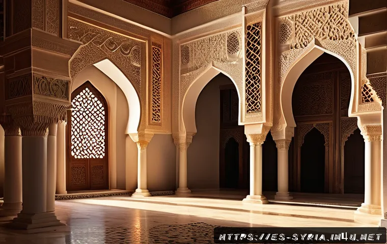 시리아 이슬람 건축물 - A detailed interior scene of a traditional Syrian mosque featuring intricately carved arabesques and...