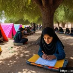 시리아의 교육 체계 - A vibrant outdoor classroom scene in a Syrian conflict zone, with children wearing modest clothing a...