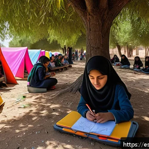 시리아의 교육 체계 - A vibrant outdoor classroom scene in a Syrian conflict zone, with children wearing modest clothing a...