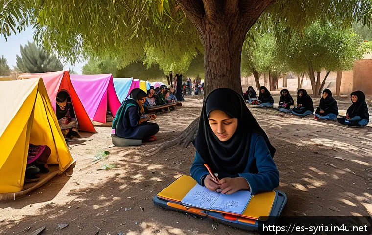 시리아의 교육 체계 - A vibrant outdoor classroom scene in a Syrian conflict zone, with children wearing modest clothing a...