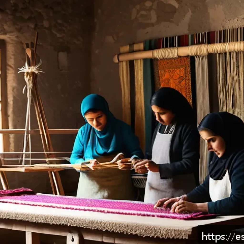시리아 전통 장식품과 공예 - A detailed scene of Syrian traditional textile artisans at work in a sunlit workshop in Homs, focusi...