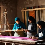 시리아 전통 장식품과 공예 - A detailed scene of Syrian traditional textile artisans at work in a sunlit workshop in Homs, focusi...