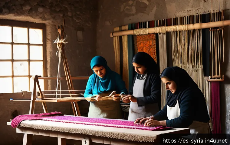 시리아 전통 장식품과 공예 - A detailed scene of Syrian traditional textile artisans at work in a sunlit workshop in Homs, focusi...