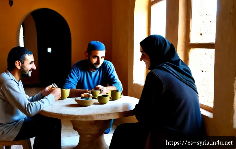시리아 종교 갈등 해결 사례 - Photorealistic documentary-style scene in a restored Syrian community center, a diverse group of Mus...