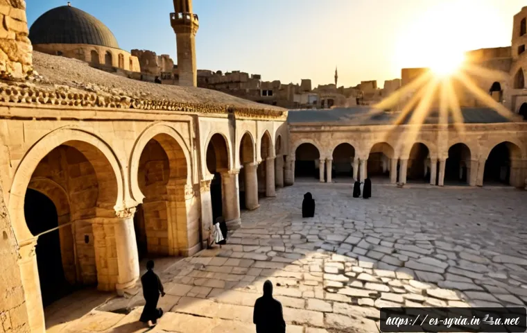 Home 17 시리아 주요 종교와 영향 - Photorealistic wide-angle view of an ancient Syrian city at sunrise, a grand stone mosque dome and s...