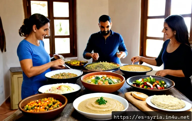 Home 17 시리아 가정요리의 특징 - Photorealistic Syrian home-cooking table in a warm family kitchen, large shared platters of fragrant...